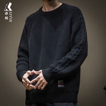 2021 new autumn and winter black sweater mens retro loose size mens trend round neck base shirt top