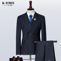 Striped suit suit mens three-piece black double-breasted slim Korean version groom wedding formal youth suit