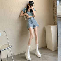 Large code high waist denim shorts female summer 2022 new display slim net red A word loos outside wearing hot pants Chains