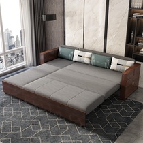 Chinese style solid wood sofa combination bed modern sitting and sleeping dual-purpose foldable living room fabric small apartment storage sofa bed
