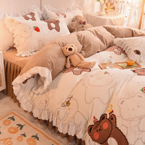 Winter thickened milk velvet four-piece bed skirt style fairy wind double-sided coral velvet warm flannel sheet quilt cover
