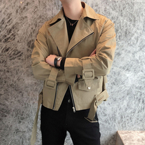 Korean mens windbreaker short trend Korean version of loose spring and autumn casual lapel overcoat thick jacket men