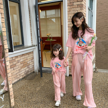 Pro-Submount Summer New Mother Daughter Dress Cartoon Suit Foreign Air Korean Version Summer Dress Short Sleeve T-shirt 100 Plexant Pants Two Sets