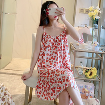 Night dress womens spring and summer thin cotton silk suspenders loose Korean version of cotton poplin sweet princess pajamas artificial cotton can be worn outside