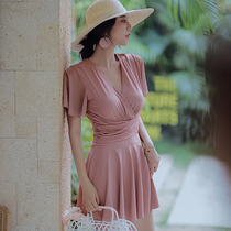 Swimsuit female size 2021 new dress one-piece conservative Belly Belly thin chest gathering soak hot spring swimsuit