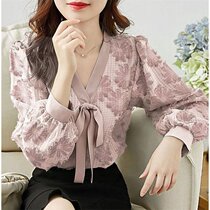 Lantern sleeve bow chiffon shirt V collar women long sleeve 2021 spring and autumn womens new Korean version of loose top women