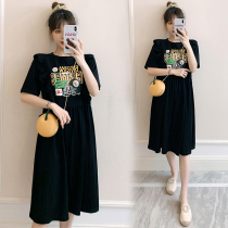 Pregnant summer Korean version large size loose belly cover dress Mid-length pregnant mother summer knee-high doll T-shirt skirt