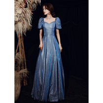  Starry sky evening dress 2021 new summer blue long sequined one-shoulder host chorus conductor dress female