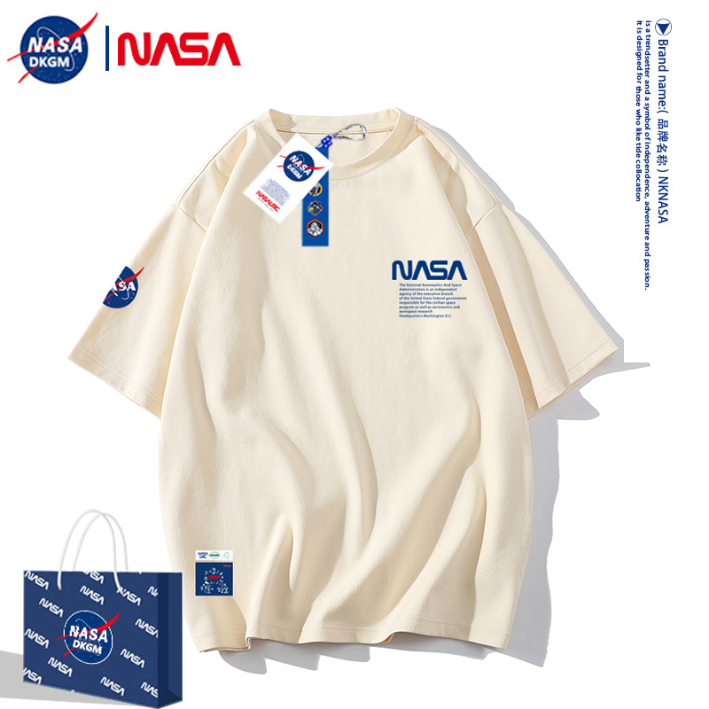 NASA Co branded Short Sleeve Men's T-shirt Summer INS Fashion Brand Couple Wear Heavyweight White Loose fitting Sports Half Sleeve Clothing