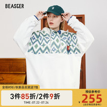 BEASTER GoodDay Little devil smiley pullover stitching diamond check knit hooded sweater spring and autumn