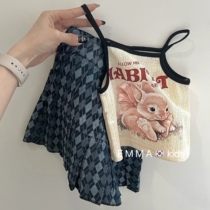 Korean Boy Clothing 2022 Summer Style Girl Cute Cartoon Printed Harness Blouse Children Magazon Half Body Dress Suit
