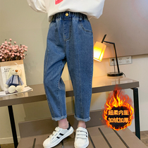 Girls jeans autumn and winter 7-year-old girl 6 loose one velvet plus velvet thickened wear 8 Winter Childrens pants 9 Winter