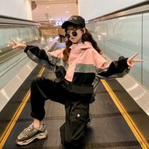 Girl Spring Clothing Suit 2022 New Ocean Qi Children Spring Autumn Nets Red Trendy Large Children Tooling Sports Two Sets