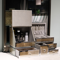 Light luxury gold glass cosmetics dust storage box desktop skin care products jewelry drawer type dressing table rack