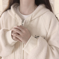 Plush Fried Hair Black Cat Embroidered Vintage Girl Beige Loose Cardigan Cat Ear Raglan Sleeve Coat H