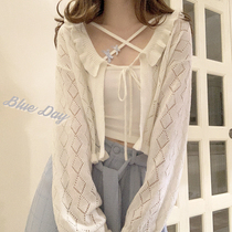 Retro Teenage Girl Hollowed-out Strap TT Yarn Butterfly Knot 100 Hitch Cream White Knit Spring Summer Knitwear K