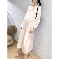 ◆Mrs Zhuo maternity dress◆Pregnant autumn dress Western style pleated chiffon dress loose temperament spring and autumn models