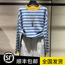 Brothers new 2021 autumn winter streaks wool knit cardiovert round collar cover head long sleeve bottom sweater female blouse