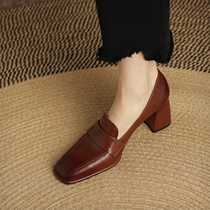 Nicole veve on foot with texture ~ Inron square head with single shoe woman coarse heel commuter Lefoshoe 6cm