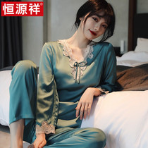 Hengyuanxiang home clothing summer new ice silk long sleeve lace silk high-grade thin section can wear pullover pajamas