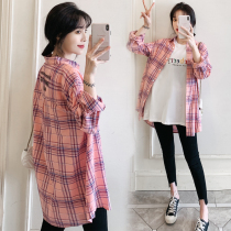 Pregnant womens long sleeve shirt Womens morning Spring and Autumn new fashion tide mom loose air conditioning sunscreen medium long shirt top