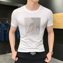 2021 summer ice silk short-sleeved t-shirt mens slim round neck trend youth handsome trend brand ins embroidery wild top