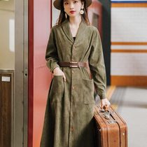 Autumn womens 2020 new French niche design sense army green corduroy V neck long sleeve dress women