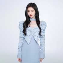 Ju Jingyi same skirt 2021 new autumn and winter French temperament retro detachable bow long sleeve dress
