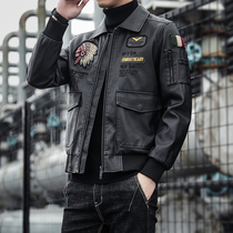 Lapel leather mens leather spring and autumn embroidered sheepskin jacket Korean version handsome motorcycle suit Winter velvet leather jacket