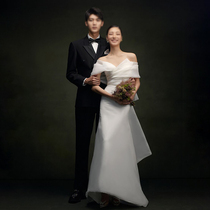  2021 new wedding dress one-shoulder satin bride wedding main yarn backless bow travel photo welcome dress smearing