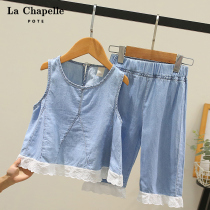 Lashabelle childlike girls summer suit nets red 2022 new ocean gas children summer clothing denim two sets