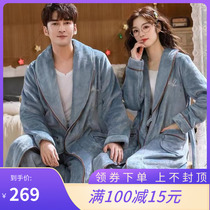 Japanese flannel couples robe womens autumn and winter plus velvet padded long coral velvet pajamas mens bathrobe two-piece set