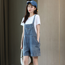 Denim bib shorts womens summer thin loose bib pants two-piece thin one-piece suit wide-legged jeans