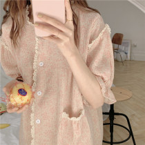Spontaneous sweet girl ~ Miss Flower Sister! Nightdress womens pink cotton rustic short-sleeved long dress