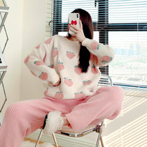 Delicate temperament ~ selling chic gentle sweet pajamas female autumn and winter warm round neck coral velvet padded suit