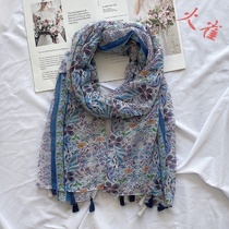 Retro floral autumn and winter new ethnic wind cotton linen scarf seaside beach towel air conditioning warm neck shawl
