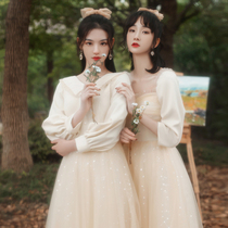 Champagne bridesmaid womens winter long sleeve sisters group to participate in the wedding satin dress niche can usually wear spring and autumn