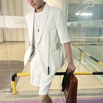 Light mature wind smog blue mid-sleeve suit mens summer thin slim slim cloak suit with shorts a set