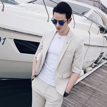 Ruffian handsome beige half-sleeve suit mens slim jacket summer Korean light cooked style exquisite short-sleeved suit suit tide
