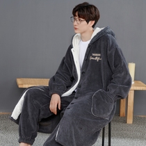 Mens sleepwear winter thickened coral suede long sleeping robe suit with big code 200 catty of loose even cap tide can be worn out