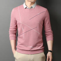 Mens fake two-piece sweater autumn thin autumn shirt blouse Spring and Autumn Sweater fake collar pink long sleeve sweater