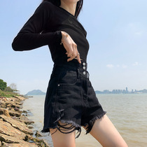 Denim shorts womens summer thin section 2021 new loose thin hole a word hot pants hot girls black pants