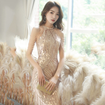 High-end evening dress skirt female fishtail champagne color High-end texture socialite fairy banquet temperament light luxury niche host