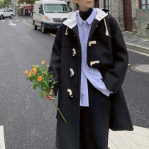 Hooded woolen coat mens autumn and winter light ripening wind loose Korean horn buckle College wind medium long trench coat coat