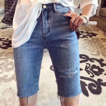 Five-point jeans womens 2021 summer new high-waisted retro slim slim temperament stretch hole burr shorts