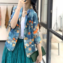  Mid-sleeve printed suit womens spring and autumn new retro Western style niche literary cardigan thin lapel loose suit