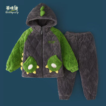 Childrens pajamas winter thickness three layers of cotton plus thickness in large boys cute warm cartoon fashion