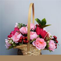 Ancient style portable trumpet flower basket bamboo woven wooden Hanfu catwalk photography props rattan retro photo studio location shooting