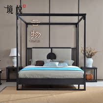 New Chinese style solid wood shelf bed Zen four-poster bed Bedroom simple double bed Bed and breakfast Hotel inn furniture customization