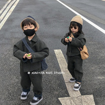 Cool High Sensation Han Edition Children Flip bifacial cashmere Casual Suit Autumn Winter Baby Son two sets